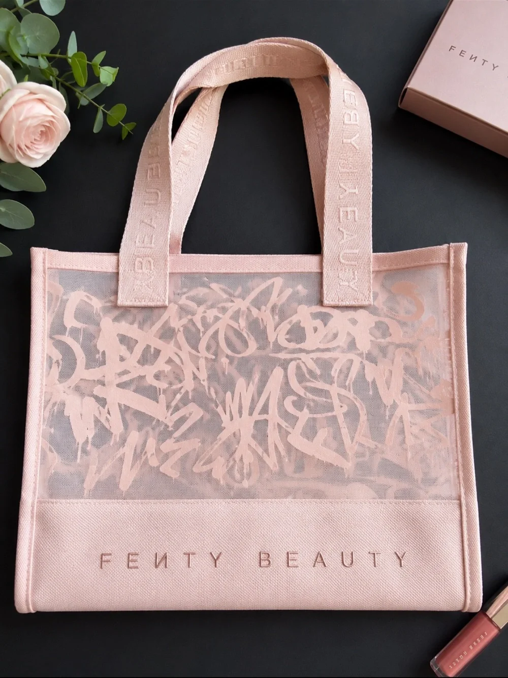 Fenty Beauty Pink Mesh Tote Bag Graffiti Logo Cosmetic Travel Beach Bag